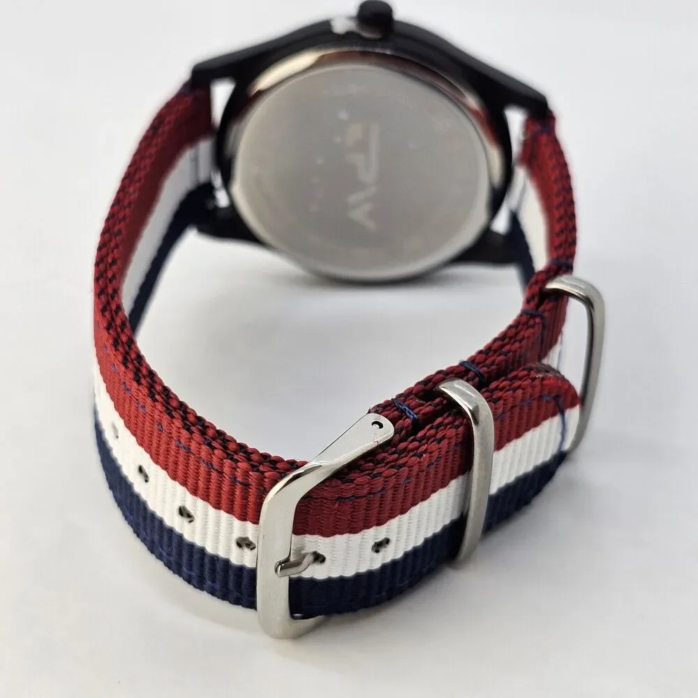 Men's 42MM Field Watch‎ Black Dial Blue White Red Canvas Band Straps New Battery